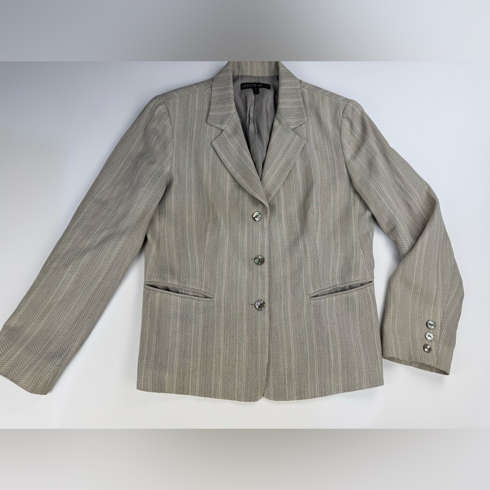 Lafayette 148 New York Wool Blazer Classic Suit Jacket Beige Size 10 Chevron